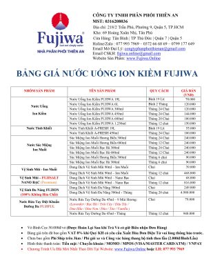 Bảng Giá Nước Uống FUJIWA.ONLINE THANG 03.2022